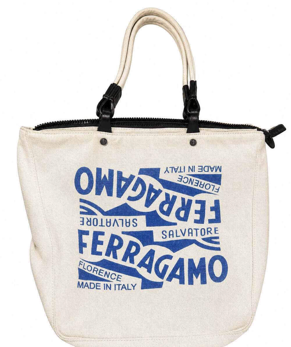 Salvatore Ferragamo Canvas Logo Tote Bag Italy Large Zip Top Ivory Blue Leather